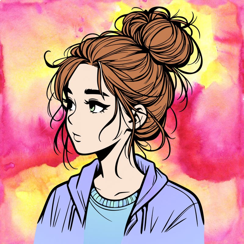 realistic teenage girl with a messy bun