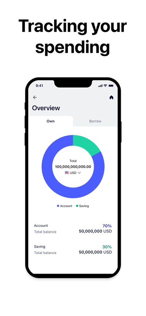 xBank app - Financial overview dashboard in the xBank app with a donut chart for tracking spending and savings