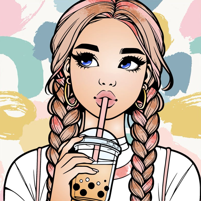 realistic girl with braided hair drinking boba