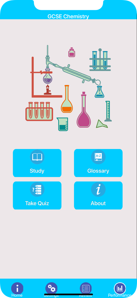Main menu of the GCSE Chemistry Revision and Quiz app featuring navigation buttons for study, glossary, and quizzes with lab equipment illustrations.