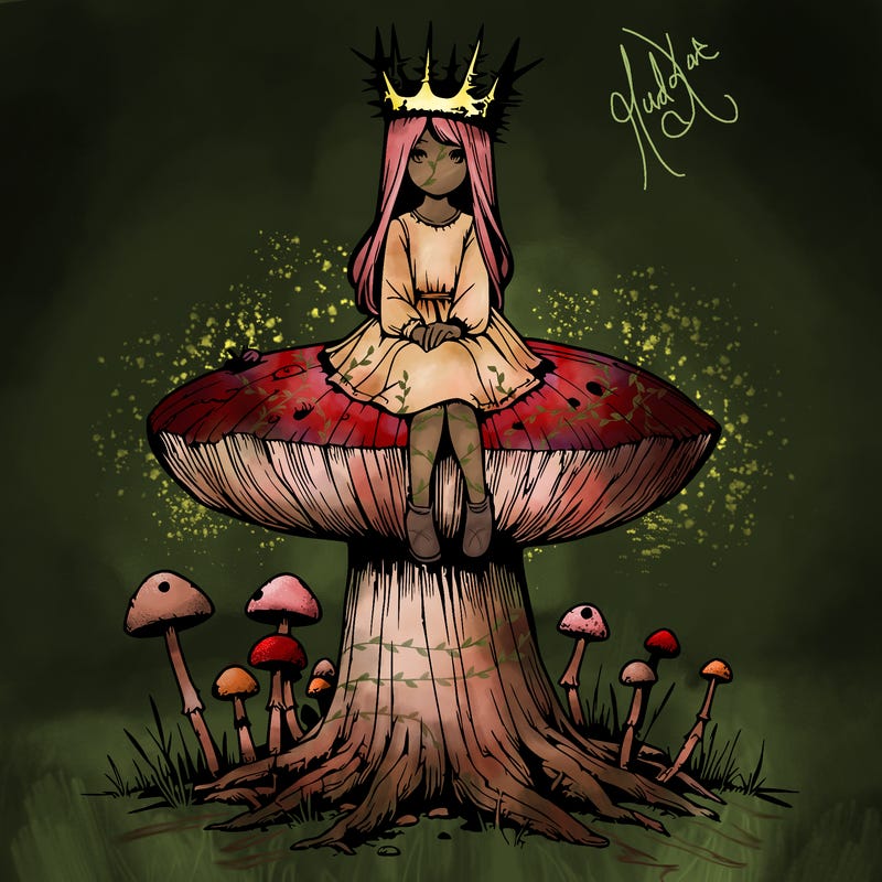 realistic girl sitting on a huge tree stump size toadstool with thorn crown