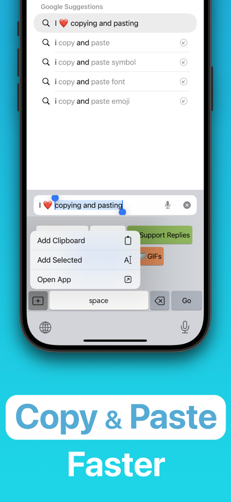 WordBoard app interface showing custom keyboard shortcuts to copy and paste text faster on a mobile device