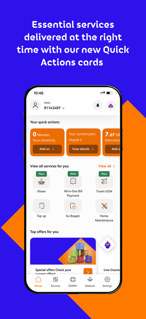 Omantel - Startbildschirm der Omantel-App, der Schnellaktionskarten für die Kontoverwaltung und Dienste anzeigt