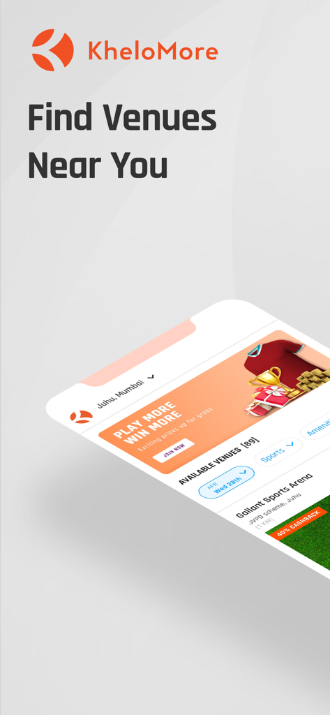 KheloMore mobile app interface for finding and booking sports venues near you