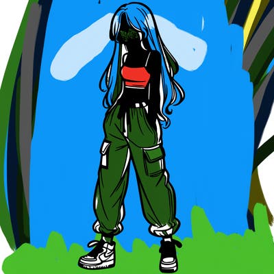 girl in baggy pants crop top and long hair