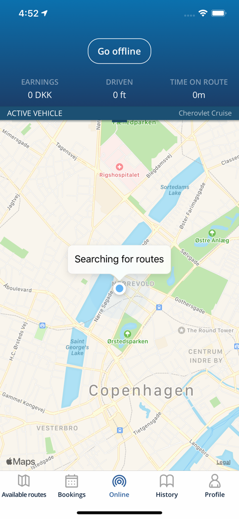 The Mover for Drivers mobile app interface displaying a map of Copenhagen and searching for available delivery routes