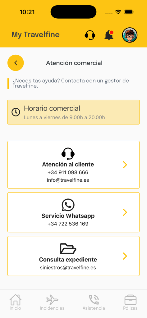 Travelfine - Travelfine app commercial support screen showing contact options for phone whatsapp and email