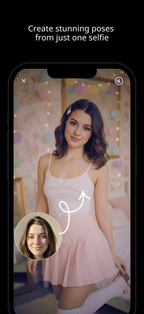 Kimo: AI Photo & Face Analyzer - Kimo AI app screen showing a selfie transformed into a full body pose