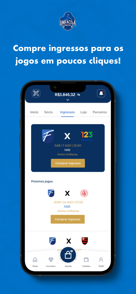 Basquete Unifacisa - Tela de smartphone do aplicativo Basquete Unifacisa mostrando uma lista de jogos de basquete futuros com opções de compra de ingressos