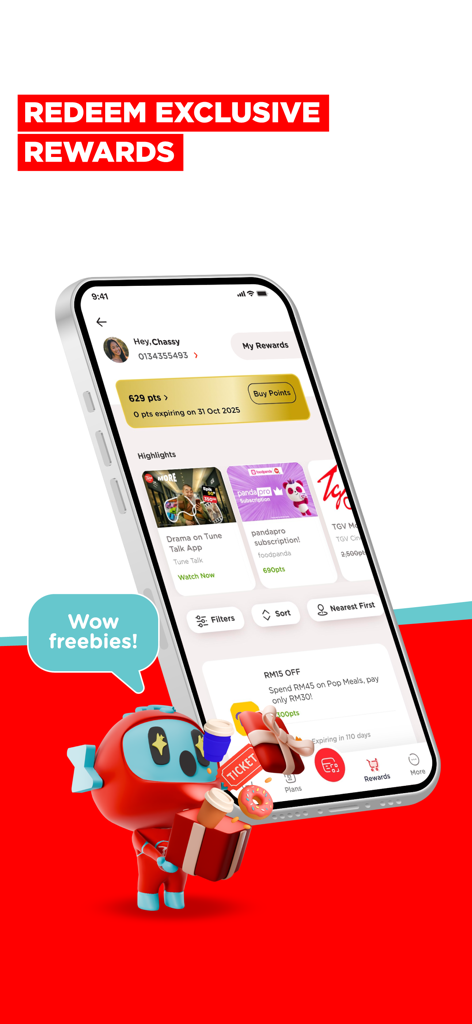 Tune Talk App-Oberfläche mit exklusiven Prämien und dem Einlösungsbildschirm für Treuepunkte