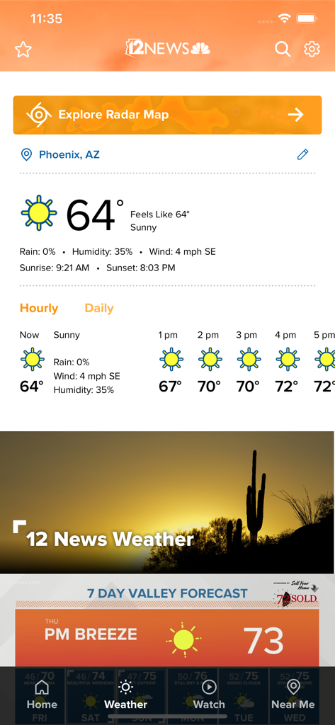 12 News KPNX Arizona - 12 News KPNX Arizona mobile app weather screen showing Phoenix forecast and hourly temperature updates