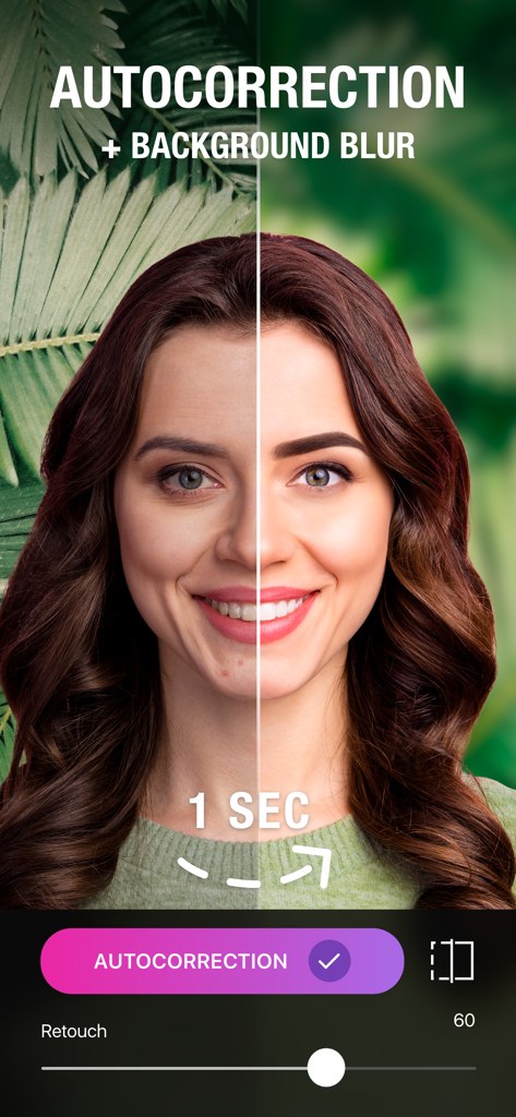 Camly: Photo Editor & Retouch - A before and after comparison of a portrait showing the autocorrection and background blur features in the Camly app