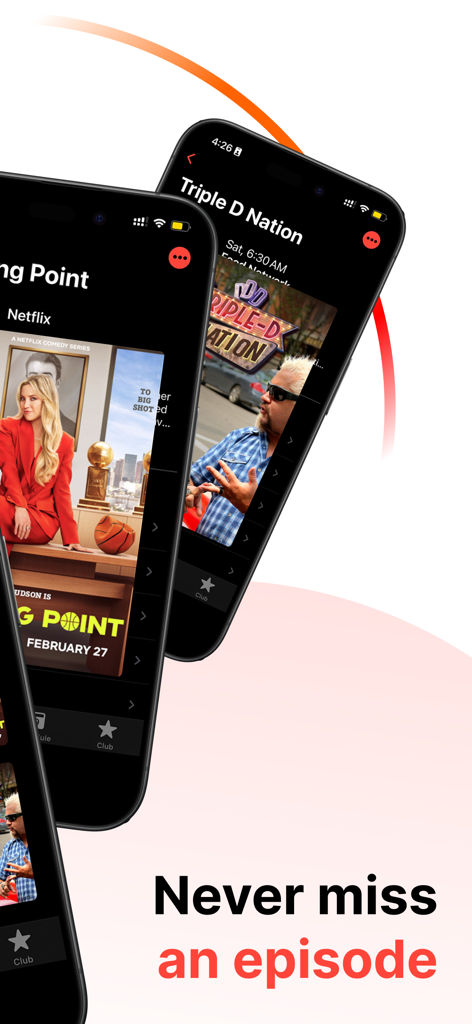 TV Club app interface on iPhones showing show details and tracking features