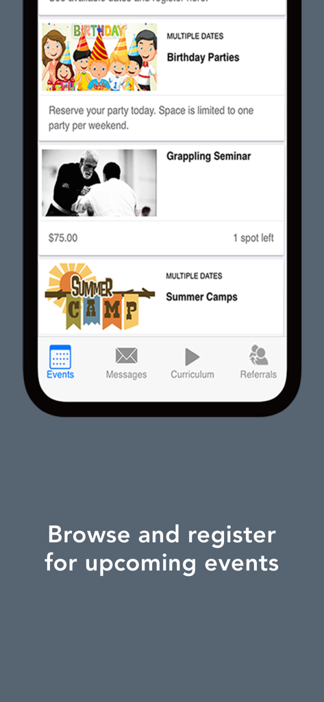 Pantalla de la aplicación móvil MyStudio mostrando próximos eventos para inscripción, incluyendo fiestas de cumpleaños, seminarios de lucha y campamentos de verano.