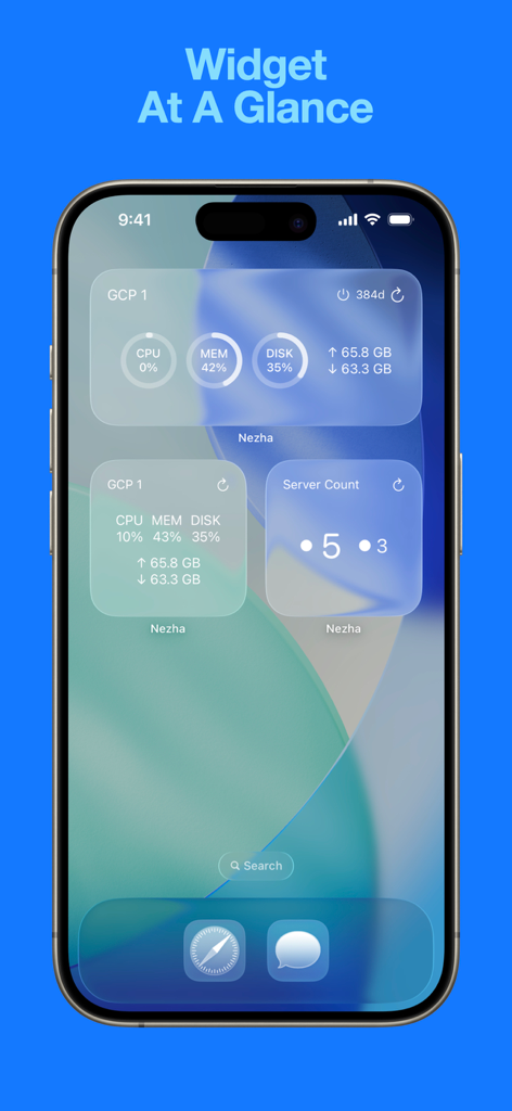 iPhone-Startbildschirm mit Nezha Mobile Widgets, die Echtzeit-Serverüberwachungsmetriken wie CPU-, Speicher- und Festplattenauslastung anzeigen.