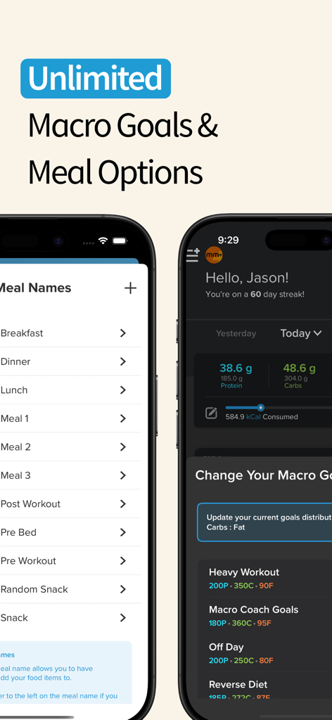 Interface of the My Macros plus app showing custom meal list names and various macro goal presets for different training days