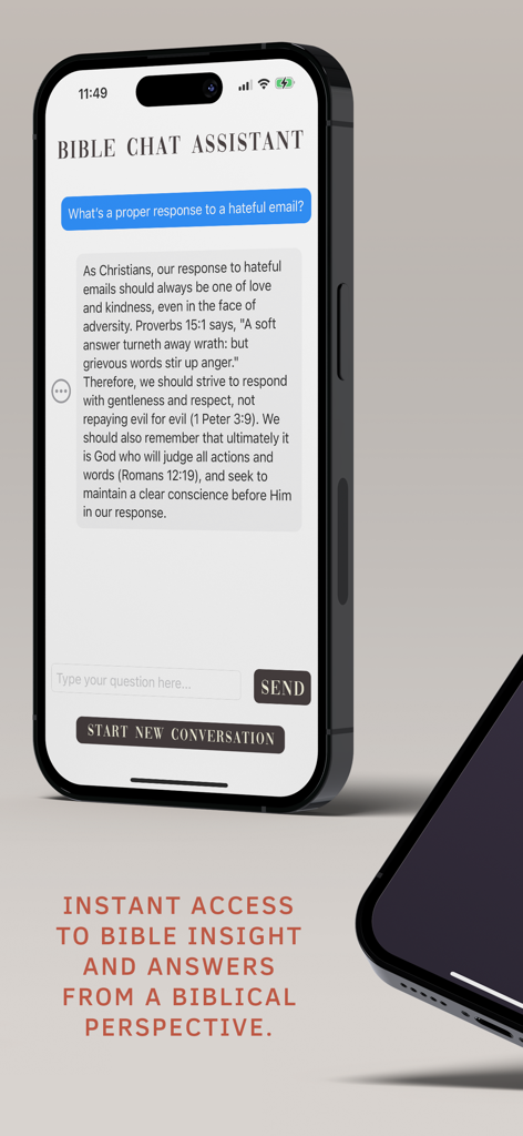 Bible Chat Assistant - Interface do aplicativo Assistente de Chat Bíblico mostrando uma resposta bíblica gerada por IA a uma pergunta pessoal.