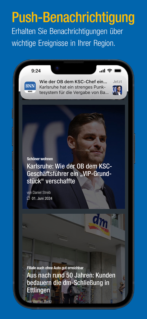Smartphone affichant l'application BNN News avec une notification push pour les actualités locales de la région du Bade