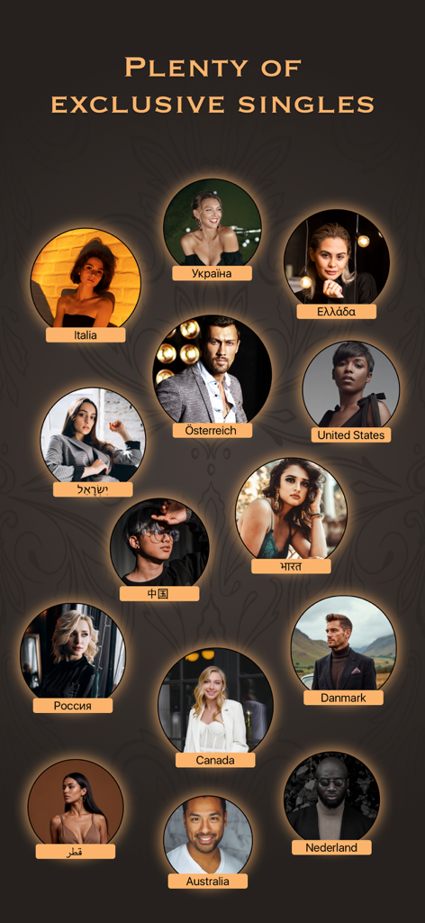 LeClub - Luxury Dating App - A collection of circular profile photos featuring diverse singles from around the world on the LeClub dating app.