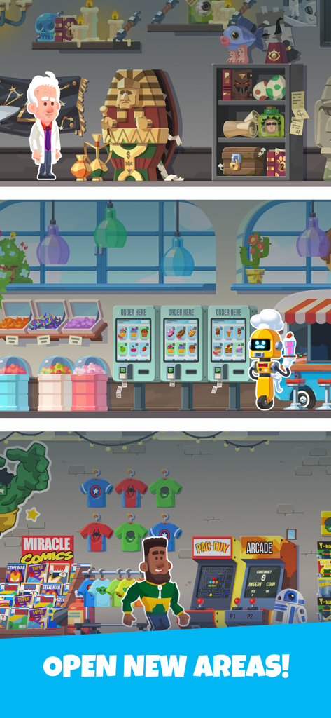 Un montage de trois salles thématiques différentes dans Hotel Rush : Merge Story, dont un laboratoire de sciences, une confiserie et une salle d'arcade de bandes dessinées avec le texte Ouvrir de nouvelles zones.