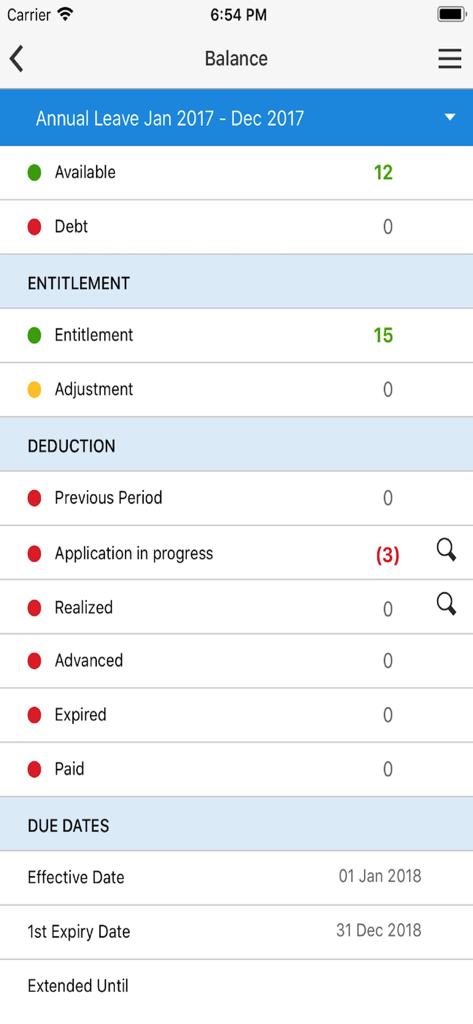 Pro-Int HRIS Mobile - Annual leave balance screen showing available and entitlement days