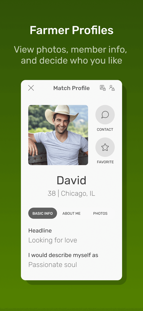 A member profile screen on the Farmers Dating Site App showing a man in a cowboy hat