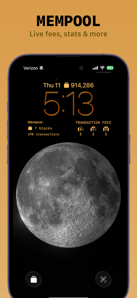 Block Screen: Bitcoin Widgets - Pantalla de bloqueo de iPhone mostrando widgets de tarifas de mempool de Bitcoin y altura de bloque.