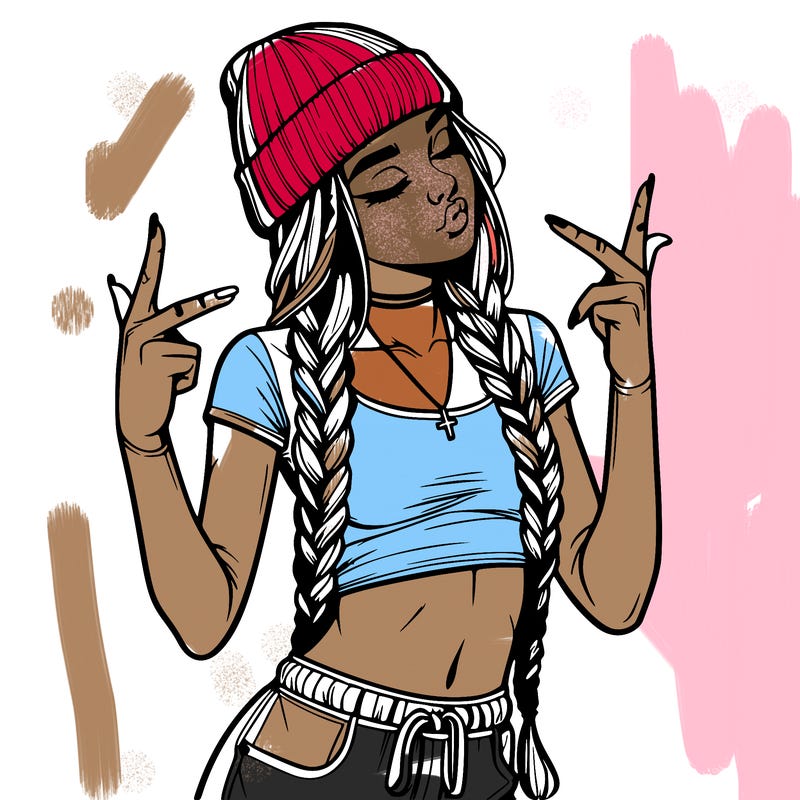 realistic teenage girl with braids and a beanie and crop top doing 🫶🏼