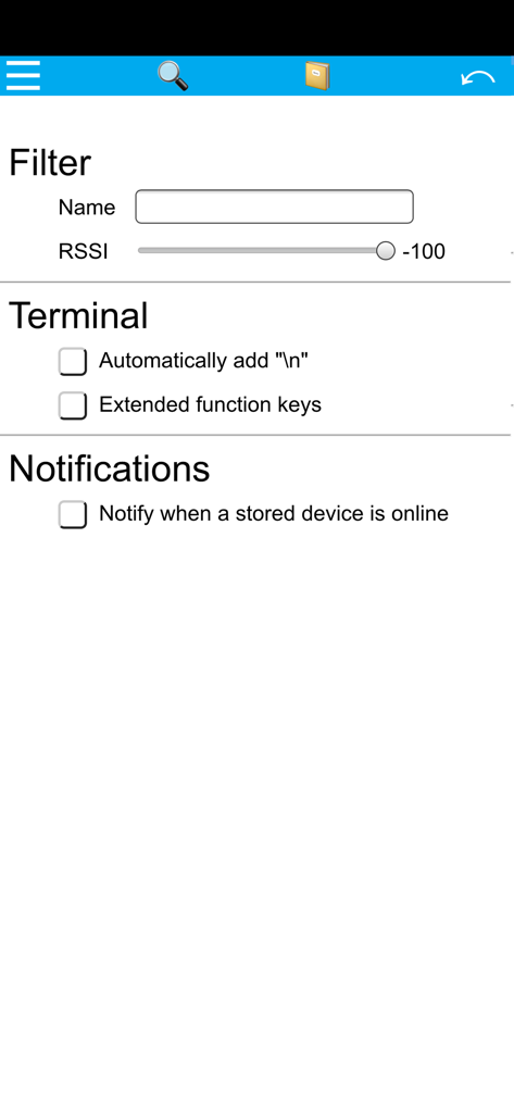 BLE tools with terminal - Pantalla de configuración de la aplicación de herramientas BLE que muestra opciones de filtro, configuraciones de terminal y alertas de notificación.