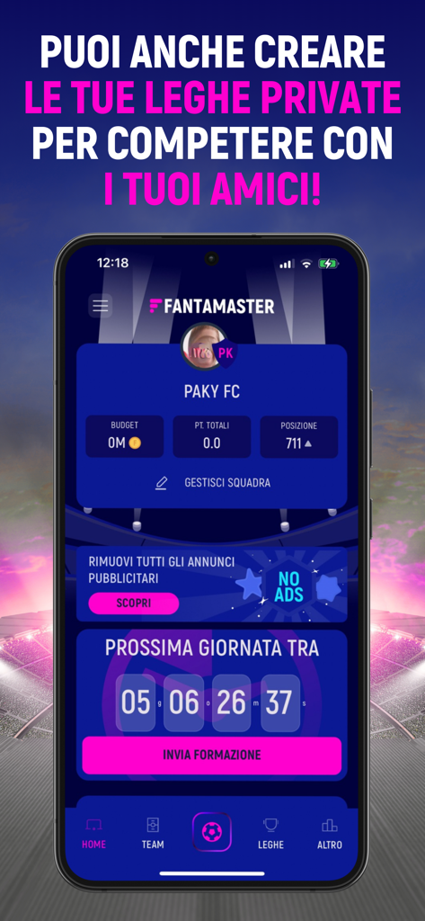FantaMaster Champions - FantaMaster Champions app home screen showing private leagues and matchday countdown