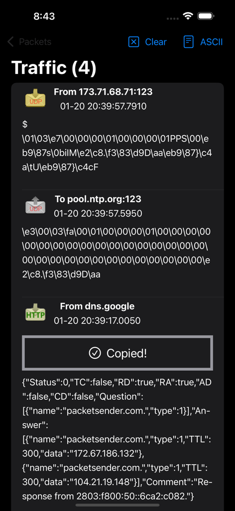 Packet Sender - UDP/ TCP/ SSL - Um log de tráfego de rede incluindo pacotes UDP e HTTP no aplicativo Packet Sender.