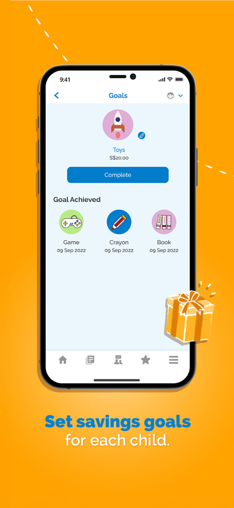 Interfaz de la aplicación POSB Smart Buddy mostrando metas de ahorro completadas para juguetes y juegos.