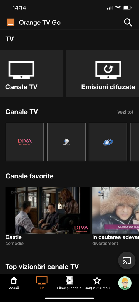 Orange TV Go - Interface do aplicativo Orange TV Go exibindo canais de TV romenos ao vivo e programas favoritos