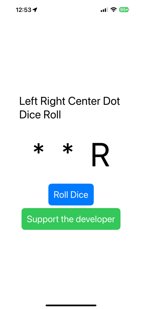 Left Right Center Dot Dice - Screenshot of the Left Right Center Dot Dice app showing a roll result with two dots and one R
