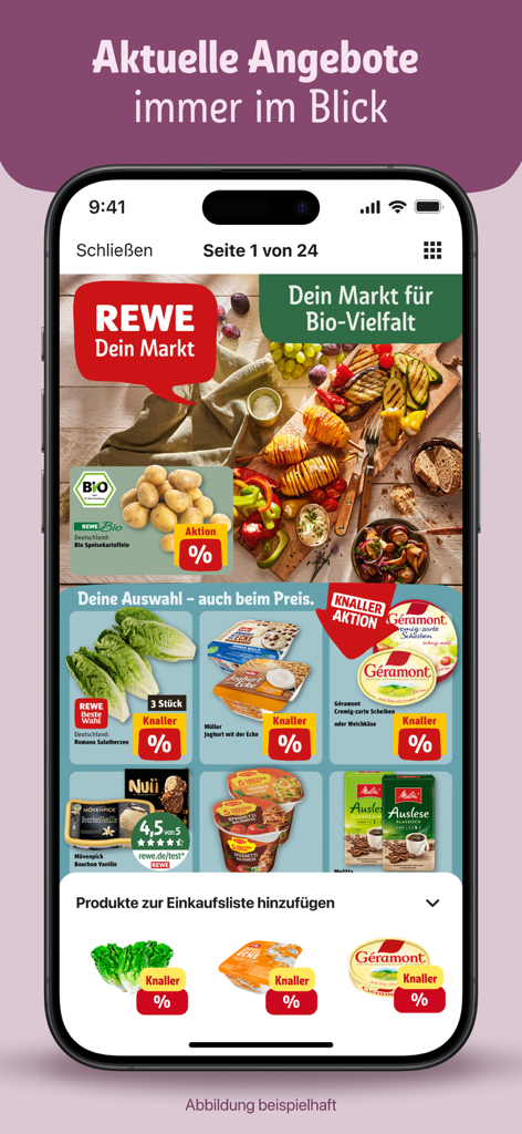 REWE app interface showing digital brochure with weekly grocery deals and add to shopping list feature
