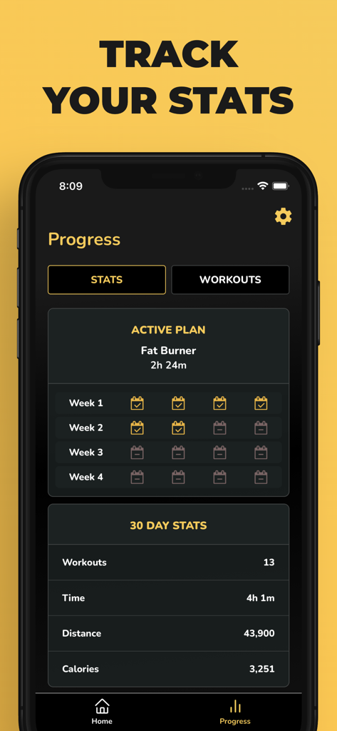 Start Rowing: Workouts Coach - A mobile app screen showing rowing workout progress and monthly statistics including distance and calories.