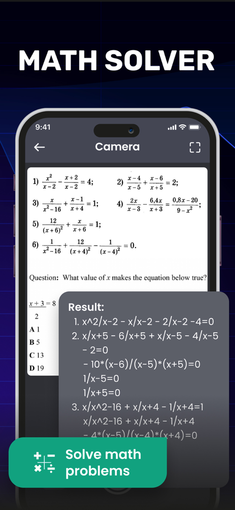 Chat AI - Ask Anything - Chat AI Mobile App Screenshot zeigt die Mathematik-Löser-Funktion beim Scannen algebraischer Gleichungen und Bereitstellen von schrittweisen Lösungen