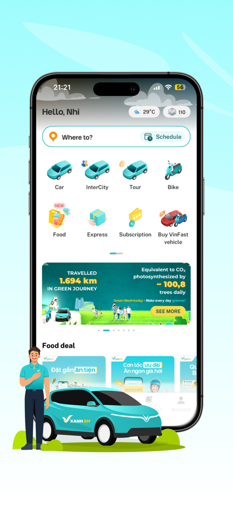 Pantalla de inicio de la app Xanh SM mostrando servicios de transporte de viajeros y entrega de comida eléctricos.