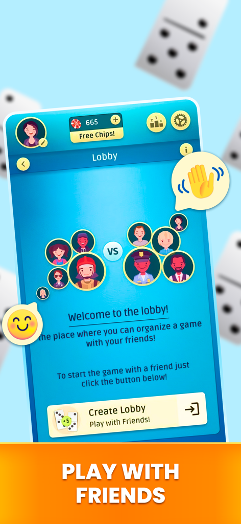 Mobile app screenshot showing the social lobby screen for playing dominoes with friends