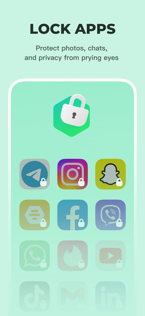 App Lock - Lock Apps ™ - Capture d'écran de l'interface App Lock montrant des applications de médias sociaux verrouillées pour protéger la vie privée