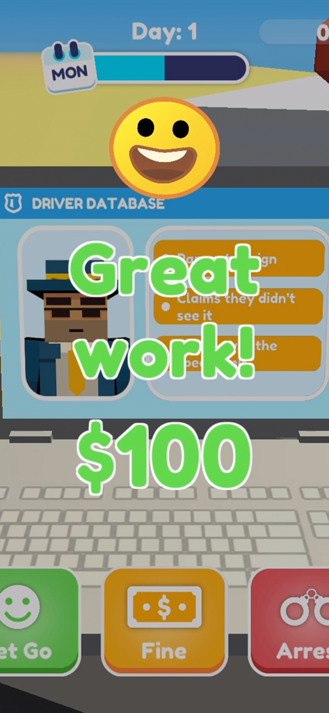 Let's Be Cops 3D - In-game screen of Lets Be Cops 3D showing a successful traffic stop reward and driver database information.