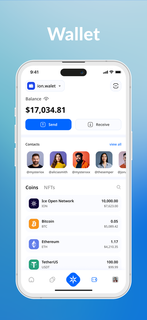 Online+ - Die Wallet-Oberfläche der Online+-App zeigt Kryptowährungs-Guthaben und Kontakte an.
