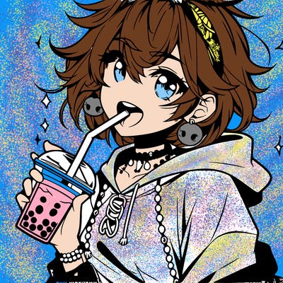 hot baddie anime girl drinking boba and biting the straw