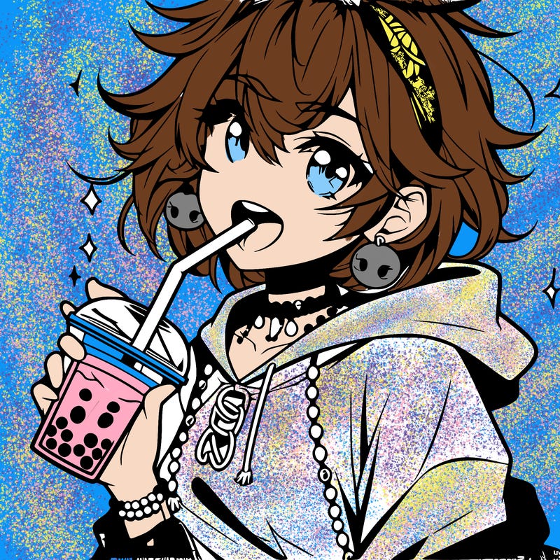 hot baddie anime girl drinking boba and biting the straw