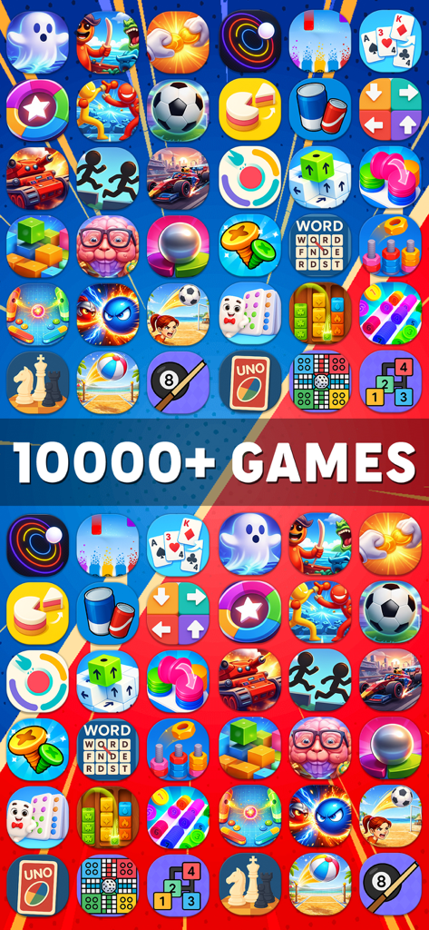 A diverse grid of colorful mini game icons for offline local multiplayer gameplay