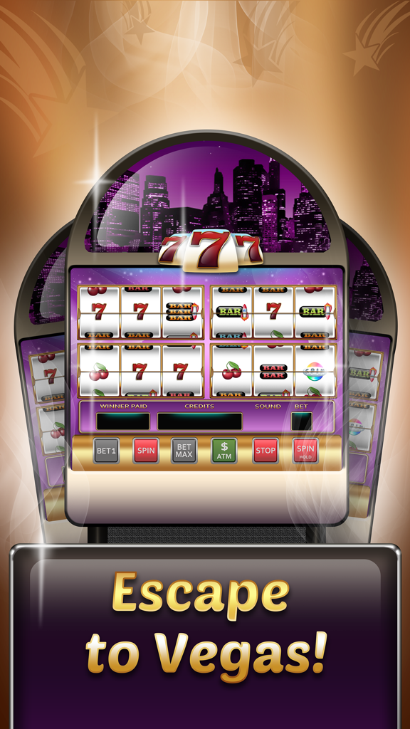 Slots▴ - Una interfaz de máquina tragaperras digital con cuatro conjuntos de rodillos separados y el texto Escapa a Las Vegas
