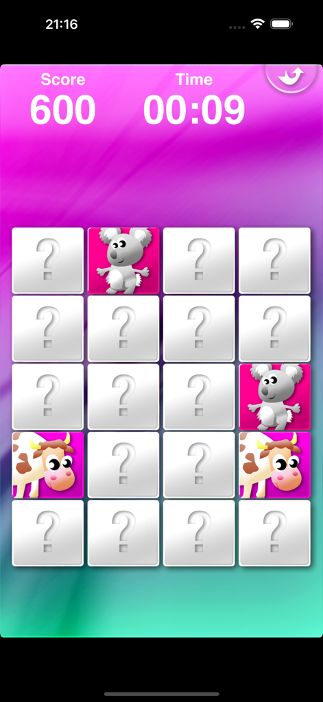 A memory matching game for kids featuring cards with cartoon koalas and cows