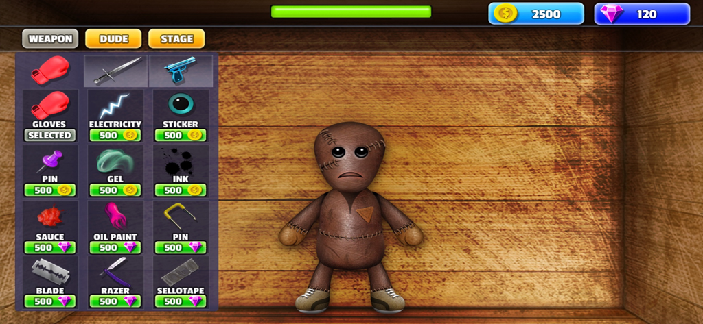 Smash The Ragdoll - Kill Dude - Weapon selection menu in Smash The Ragdoll game showing various tools and a ragdoll character