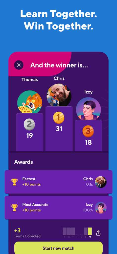 Language Learning Games: Drops - Ein Ranglistenbildschirm in der Drops-App, der Spielergebnisse mit drei Gewinnern und Leistungsprämien anzeigt.