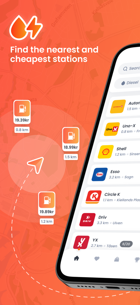 DrivstoffAppen map and list view showing real-time fuel prices and nearby gas stations